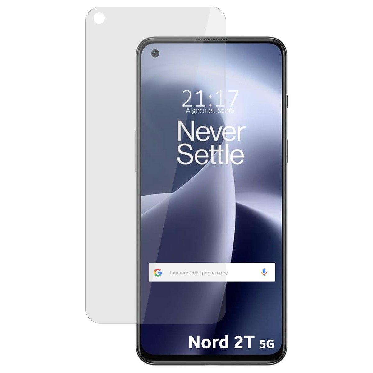 Pantalla del teléfono Nord 2T 5G con protector de pantalla, mostrando la hora y un sitio web.