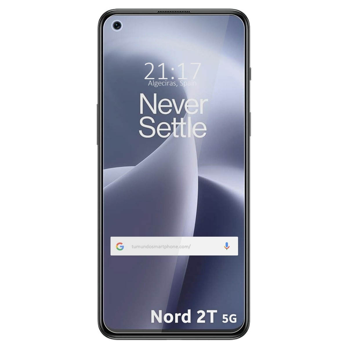 Smartphone con protector de pantalla. Muestra hora y lugar. El teléfono es un Nord 2T 5G.