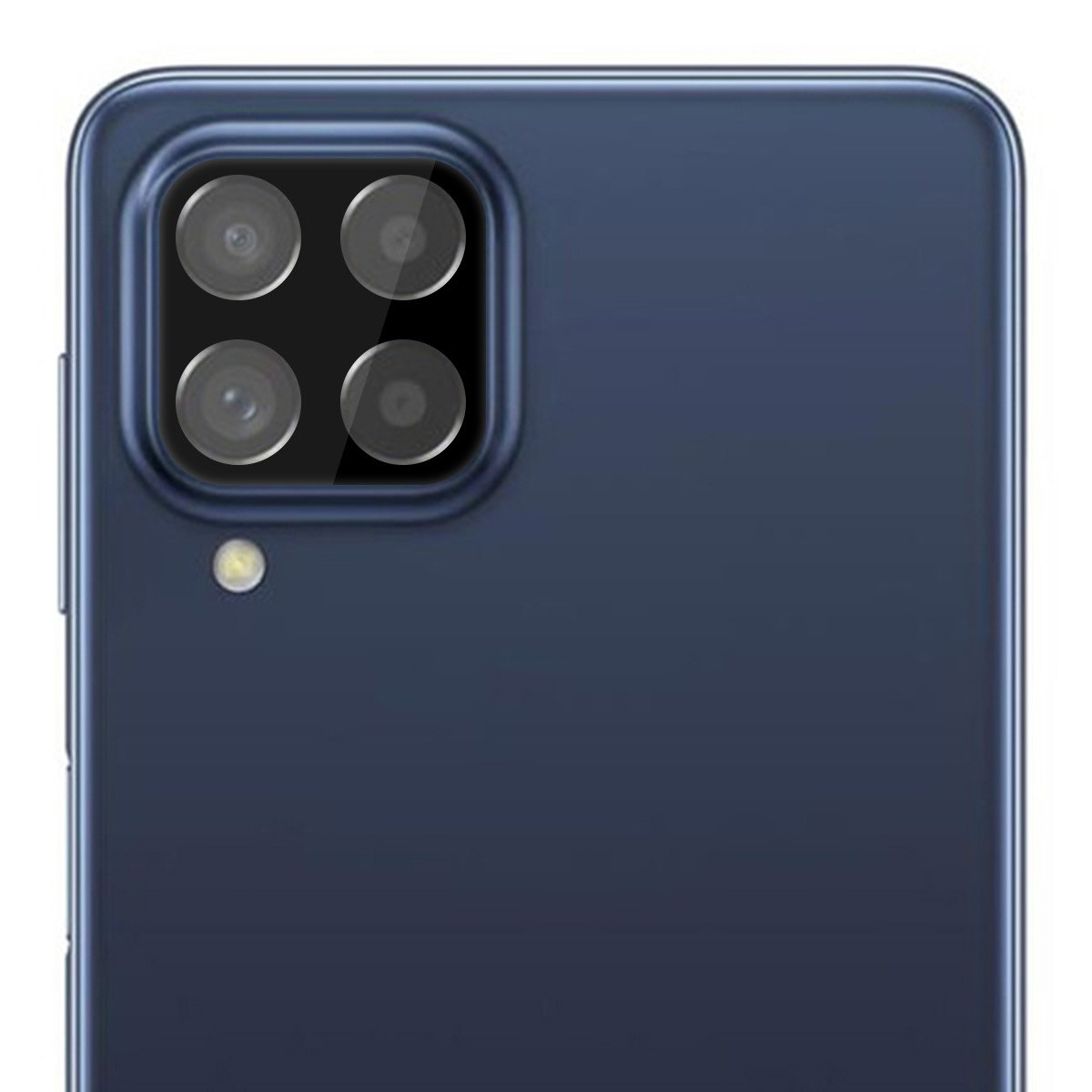 Parte trasera de teléfono azul con cuatro cámaras y flash, en superficie azul oscuro.
