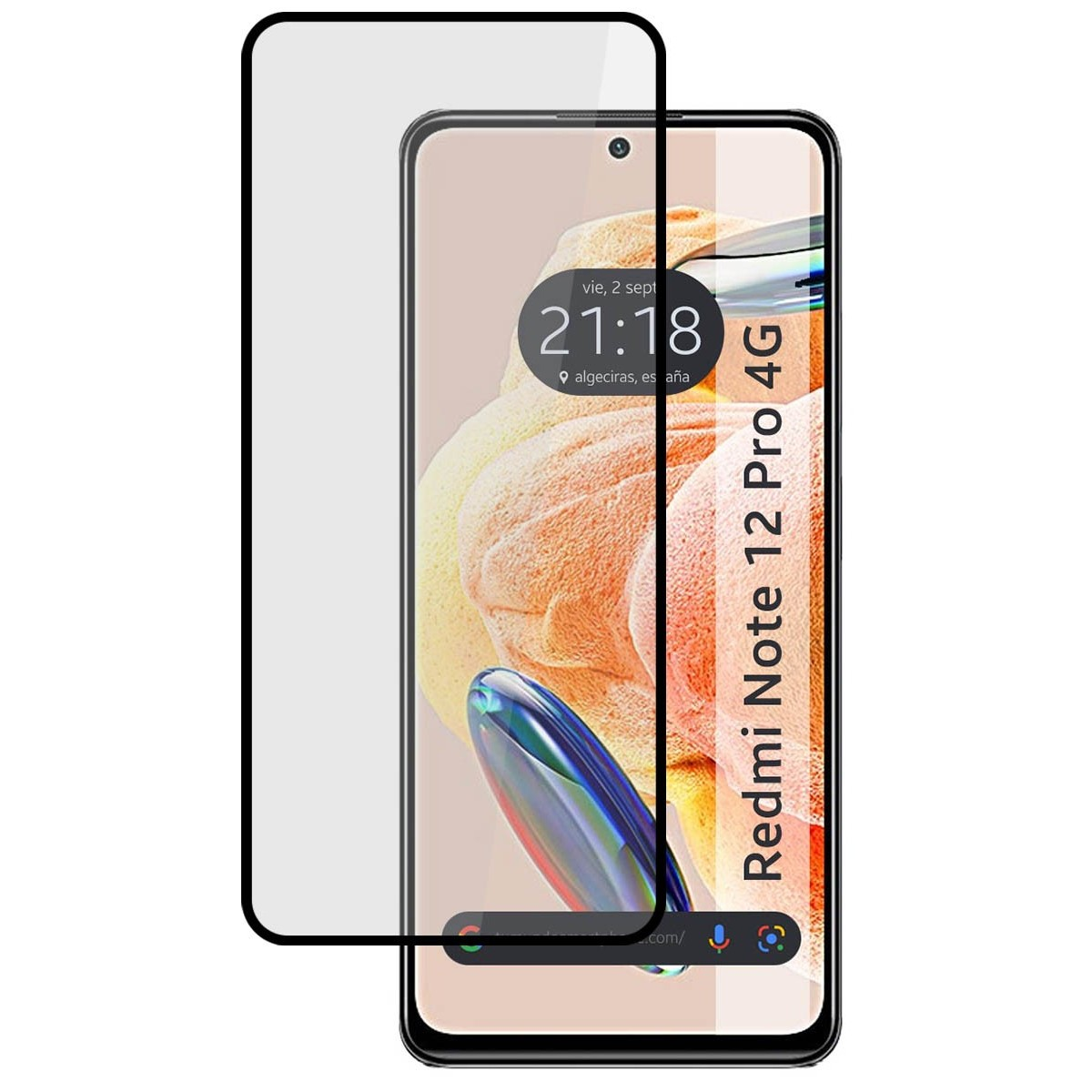 Un teléfono con protector de pantalla, mostrando la hora y la fecha, y la etiqueta Redmi Note 12 Pro 4G.