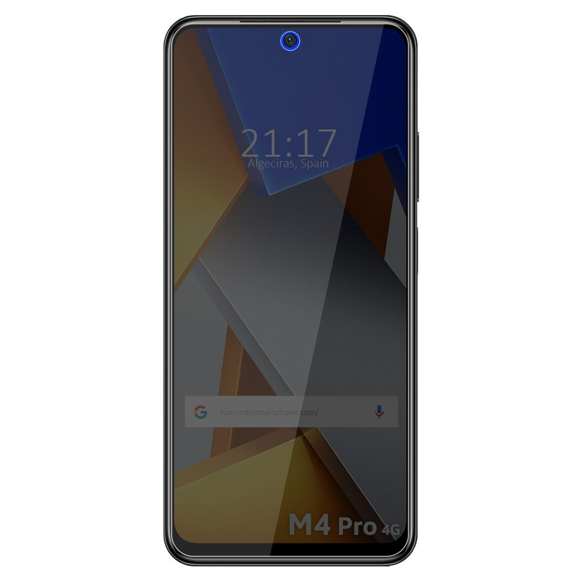 Una pantalla de teléfono con hora y fecha. Un protector de pantalla está delante. Texto en el teléfono: M4 Pro 4G.
