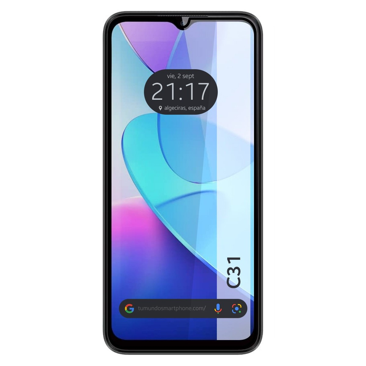Pantalla de smartphone mostrando hora y fecha. La pantalla tiene un protector borroso.