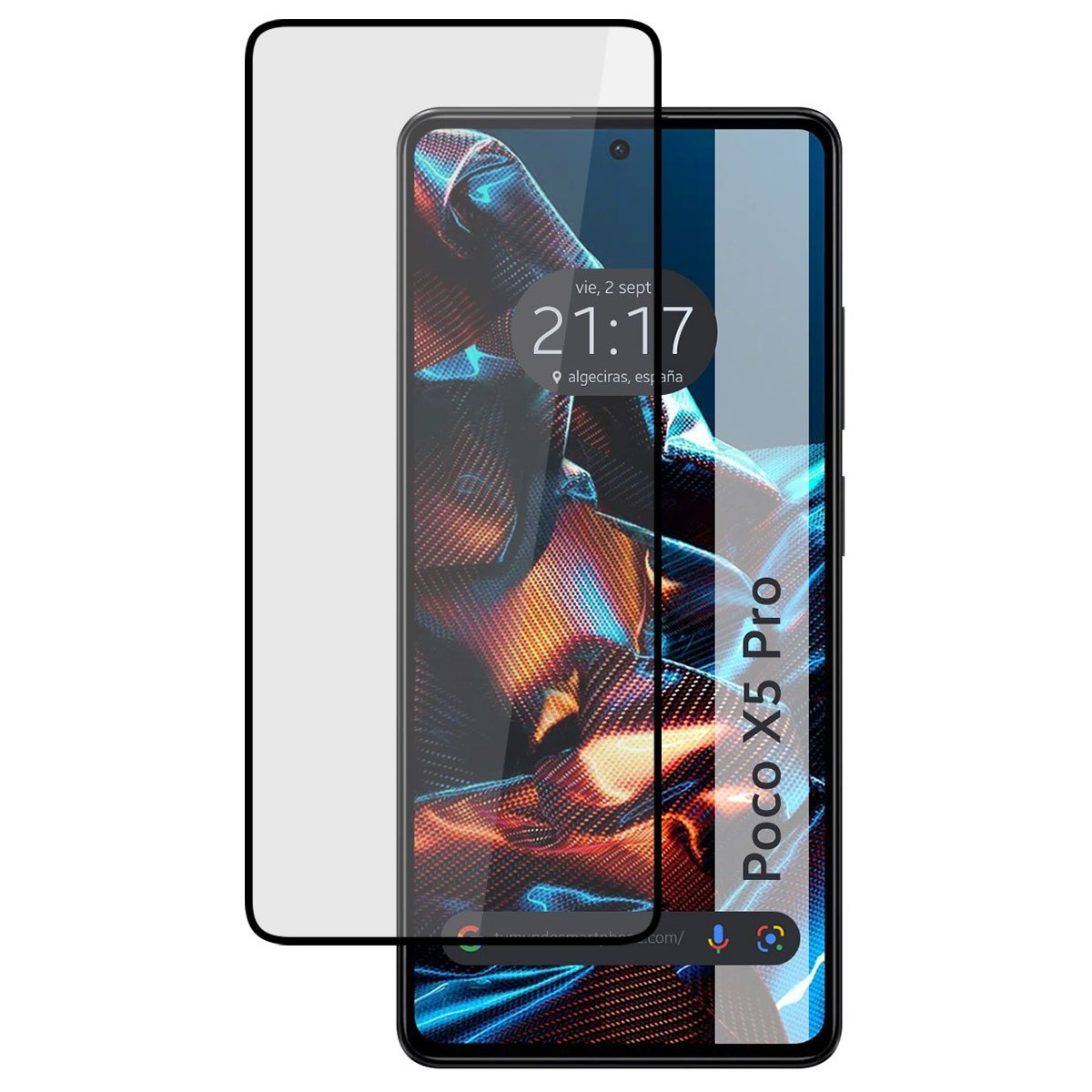 Telefono con protezione schermo. Il display mostra ora e posizione. Testo 'Poco X5 Pro'.