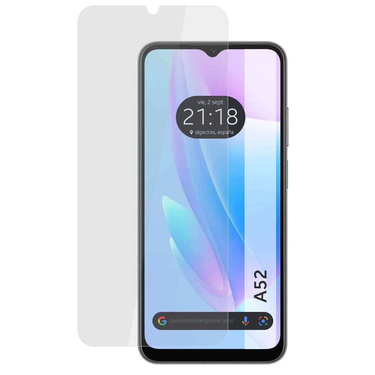 Una pantalla de teléfono con protector de pantalla. Muestra la hora y la ciudad.