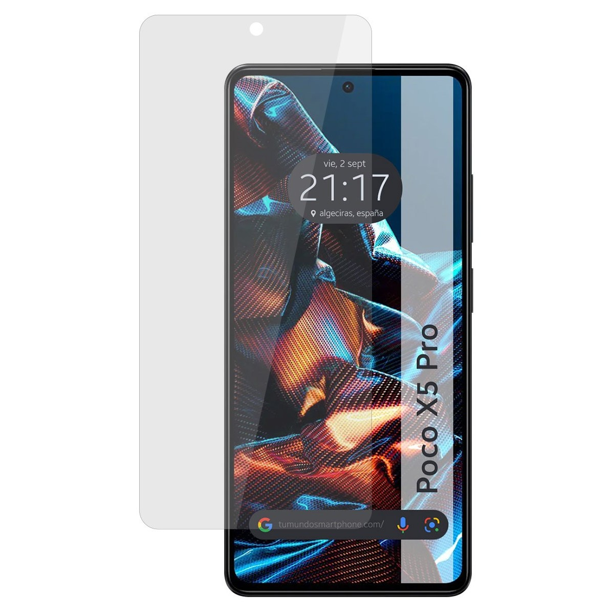 Schermo del telefono Poco X5 Pro con protezione, che mostra l'ora e un sito web, con arte digitale.