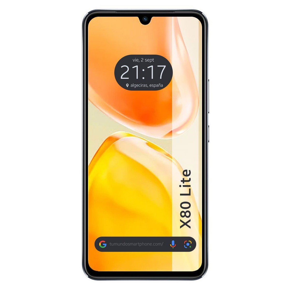 Un smartphone muestra hora, fecha y fondo colorido. El teléfono dice X80 Lite.