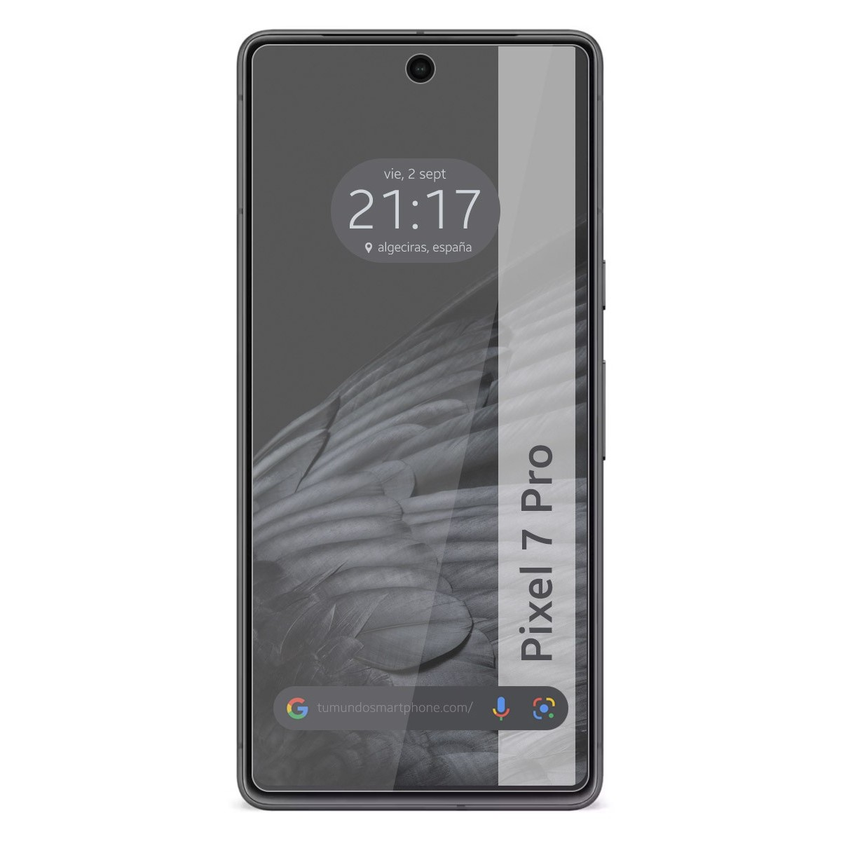 Smartphone con protezione schermo. Mostra ora, posizione e nome del modello.
