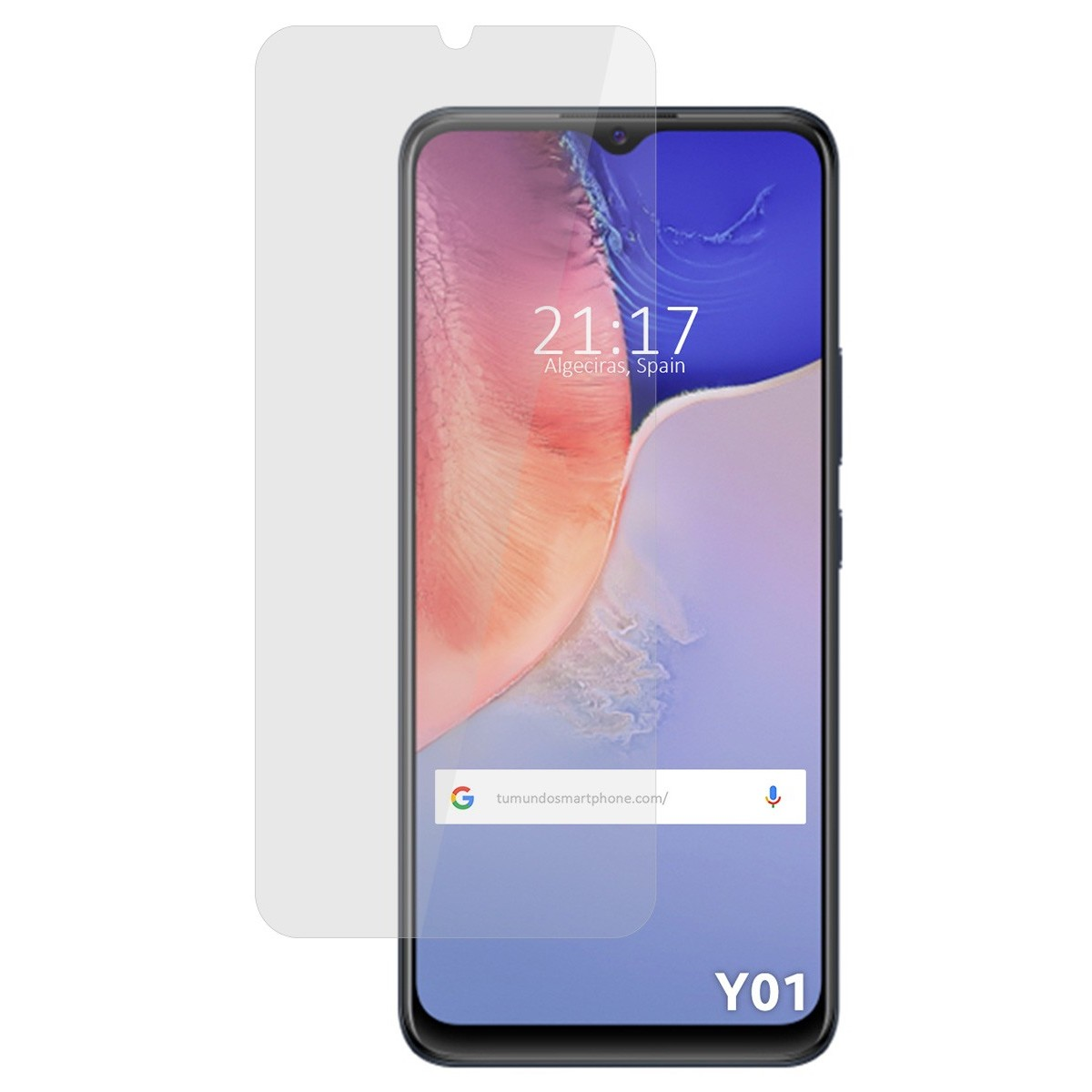 Smartphone con pantalla mostrando un reloj y texto. El teléfono es negro.