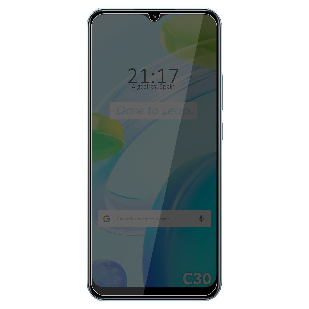 Pantalla de smartphone mostrando hora y ubicación. Incluye barra de búsqueda de Google e iconos.