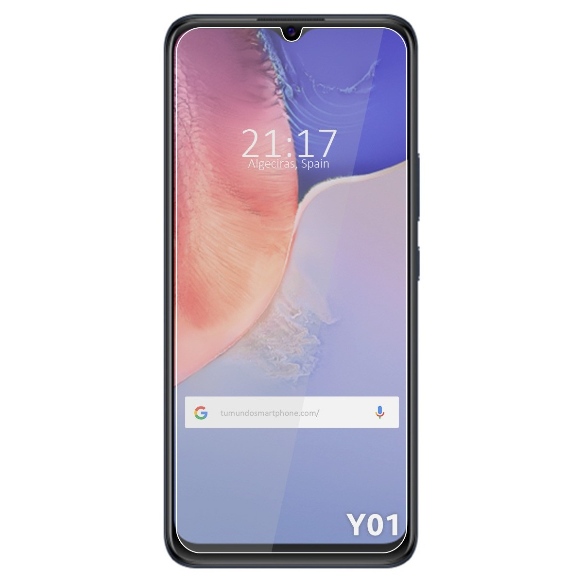 Un smartphone con protector de pantalla que muestra una imagen abstracta roja y azul.