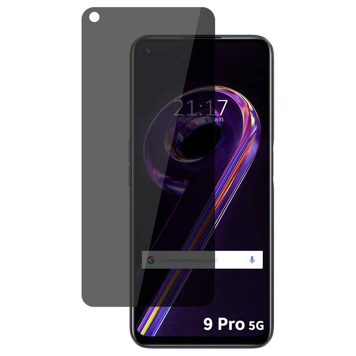 Smartphone con protector de pantalla, mostrando hora, fecha y modelo '9 Pro 5G'.