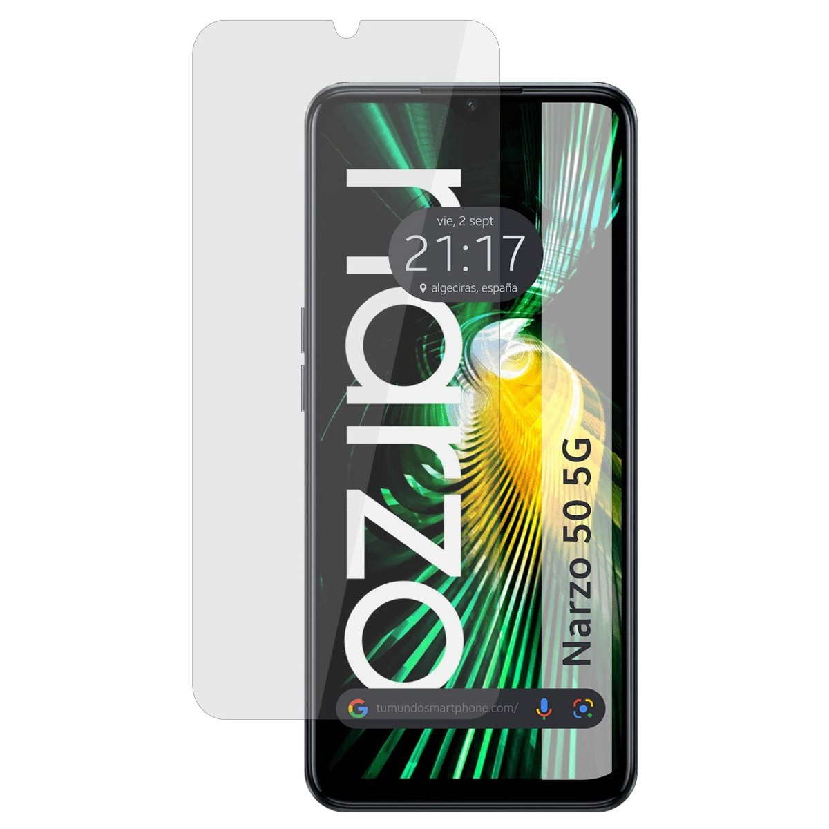 Teléfono Narzo 50 5G con protector de pantalla. Muestra hora, fecha. Barra web abajo.