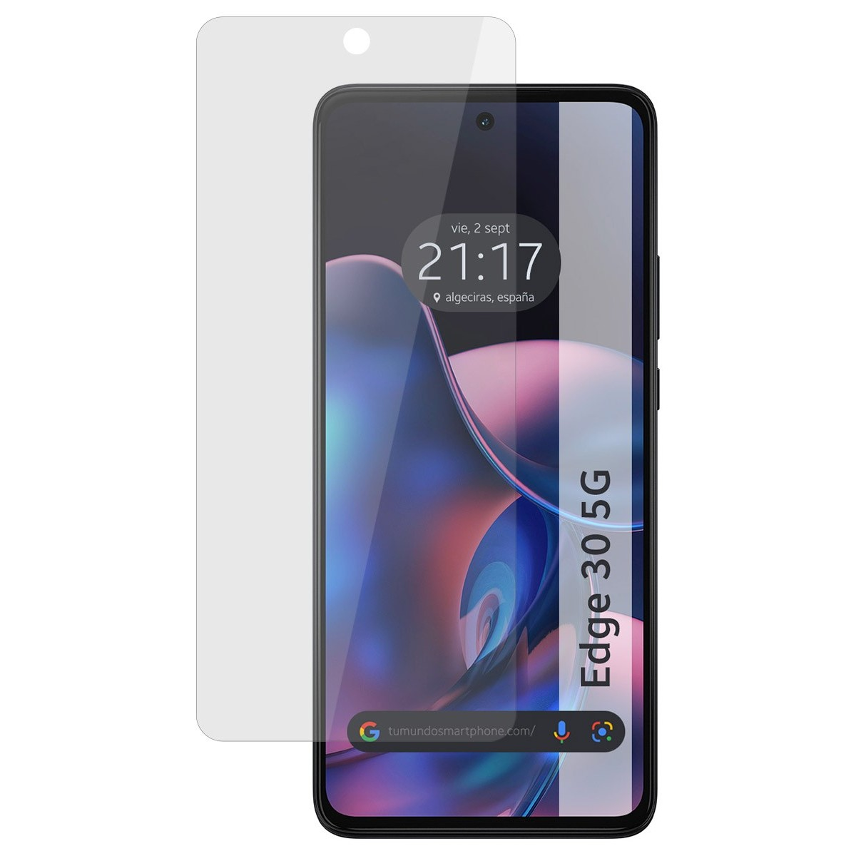 Smartphone con protector de pantalla. El teléfono es Edge 30 5G. Se muestra la hora y el lugar.