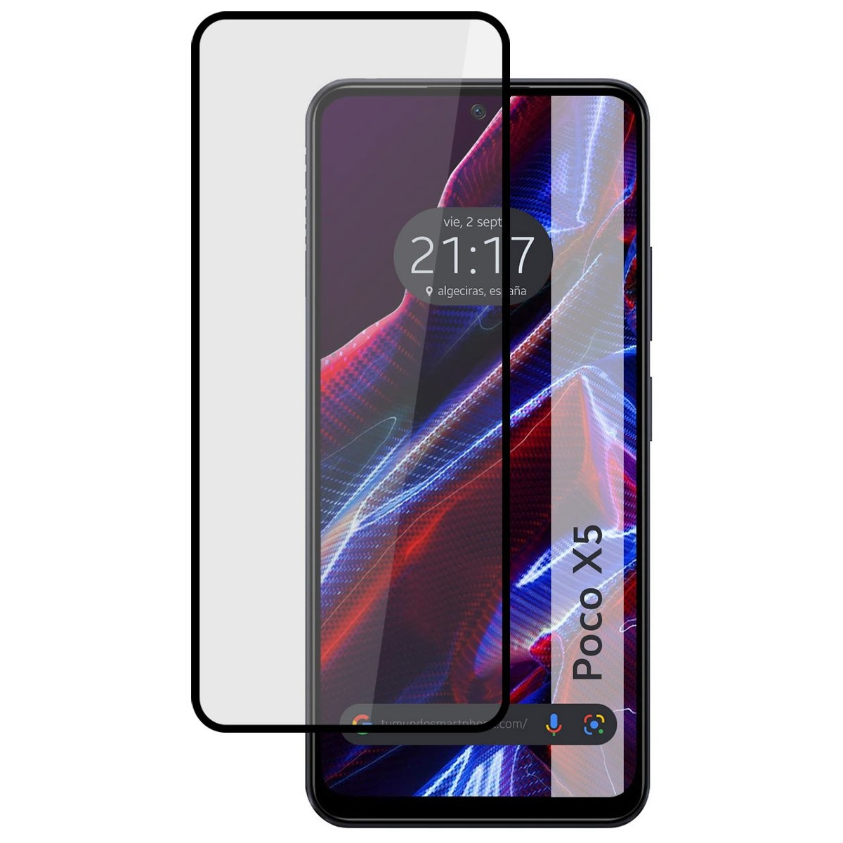 Smartphone con protector de pantalla, hora y web, etiqueta Poco X5.