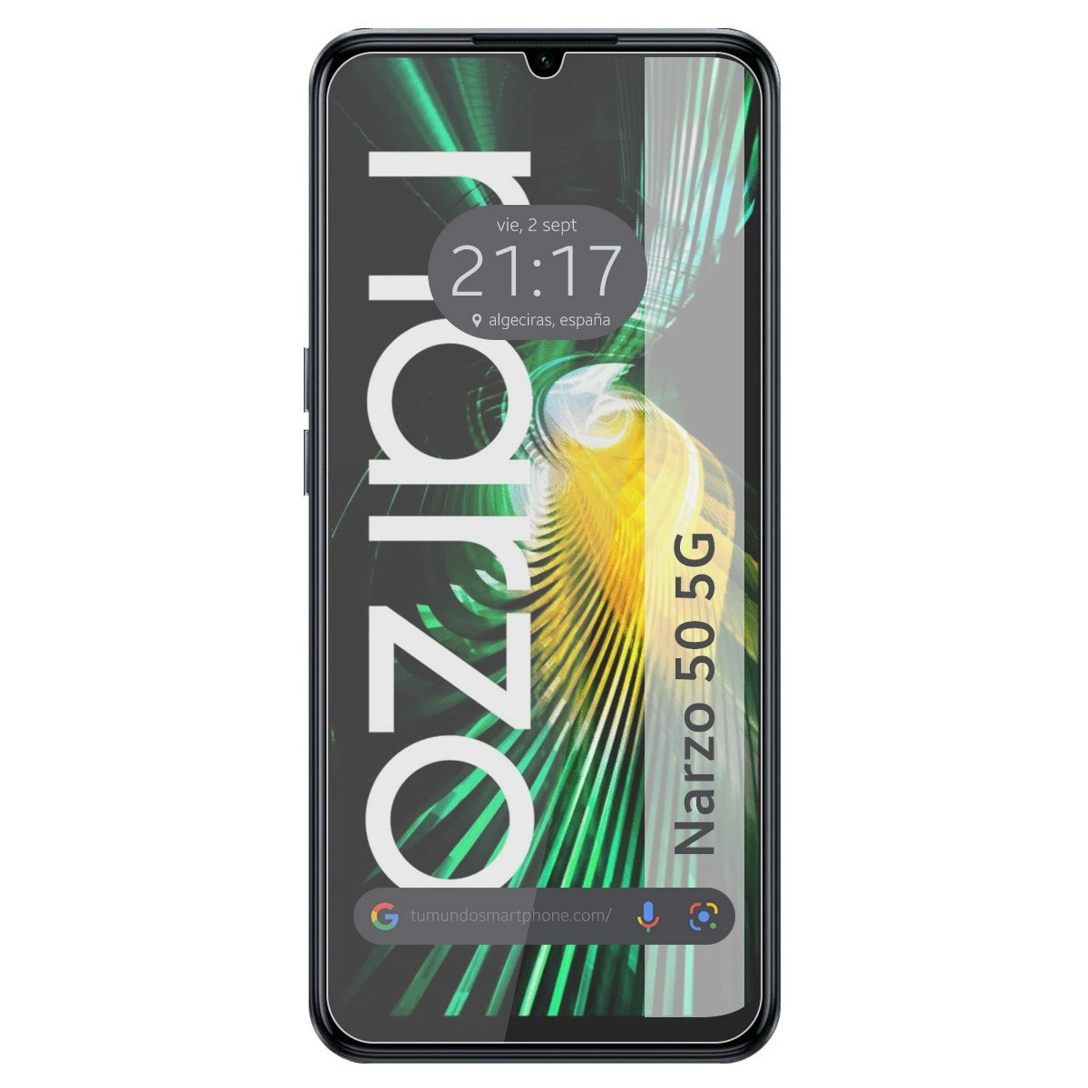 Teléfono con pantalla mostrando hora y fecha. Dice Narzo 50 5G en el lateral.