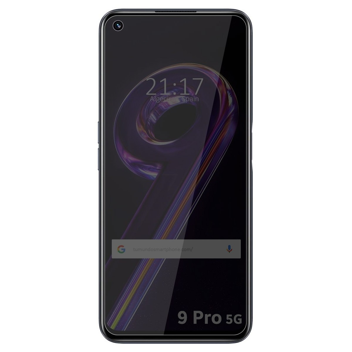 Smartphone mostrando hora 21:17 y ubicación 'Algeciras, Spain' con texto '9 Pro 5G'.