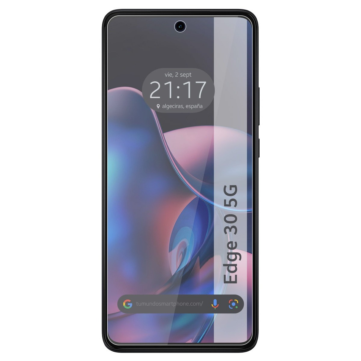 Un smartphone negro mostrando una pantalla de bloqueo con la hora y la ubicación. Una franja blanca vertical es visible.