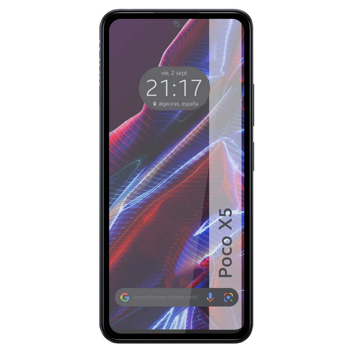 Smartphone con pantalla que muestra la hora, la fecha y un diseño abstracto. Hay un protector de pantalla.