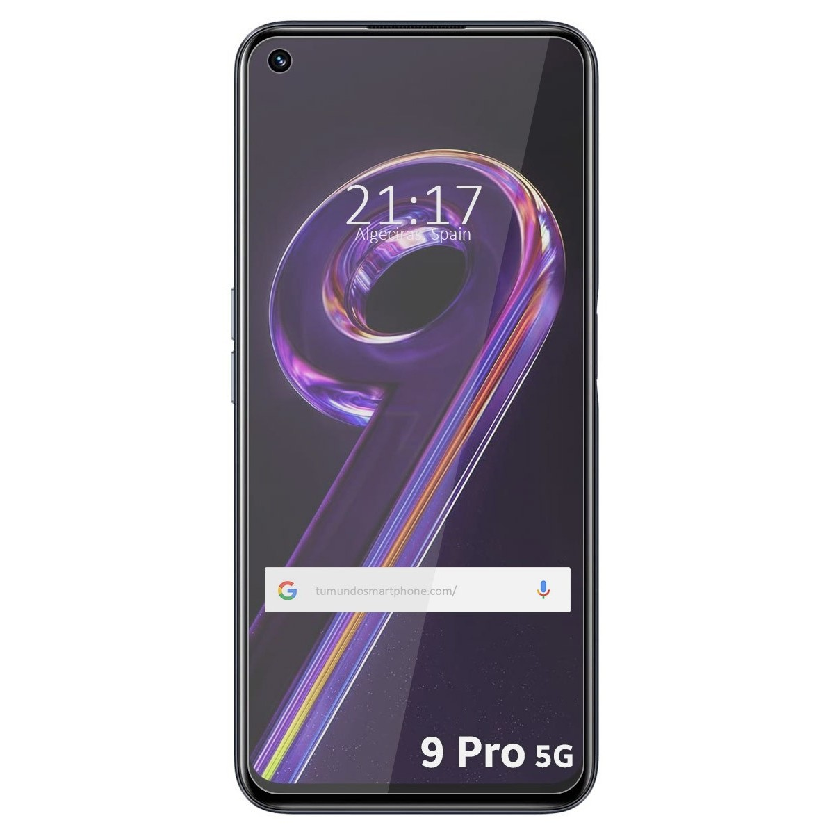 Smartphone con diseño de remolino morado en pantalla, barra de búsqueda de Google y visualización de hora. '9 Pro 5G' abajo.