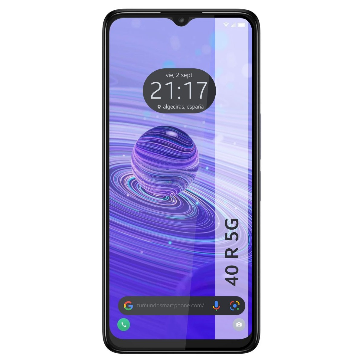 La pantalla del smartphone muestra fecha, hora y un diseño arremolinado. El teléfono es un modelo 40 R 5G.