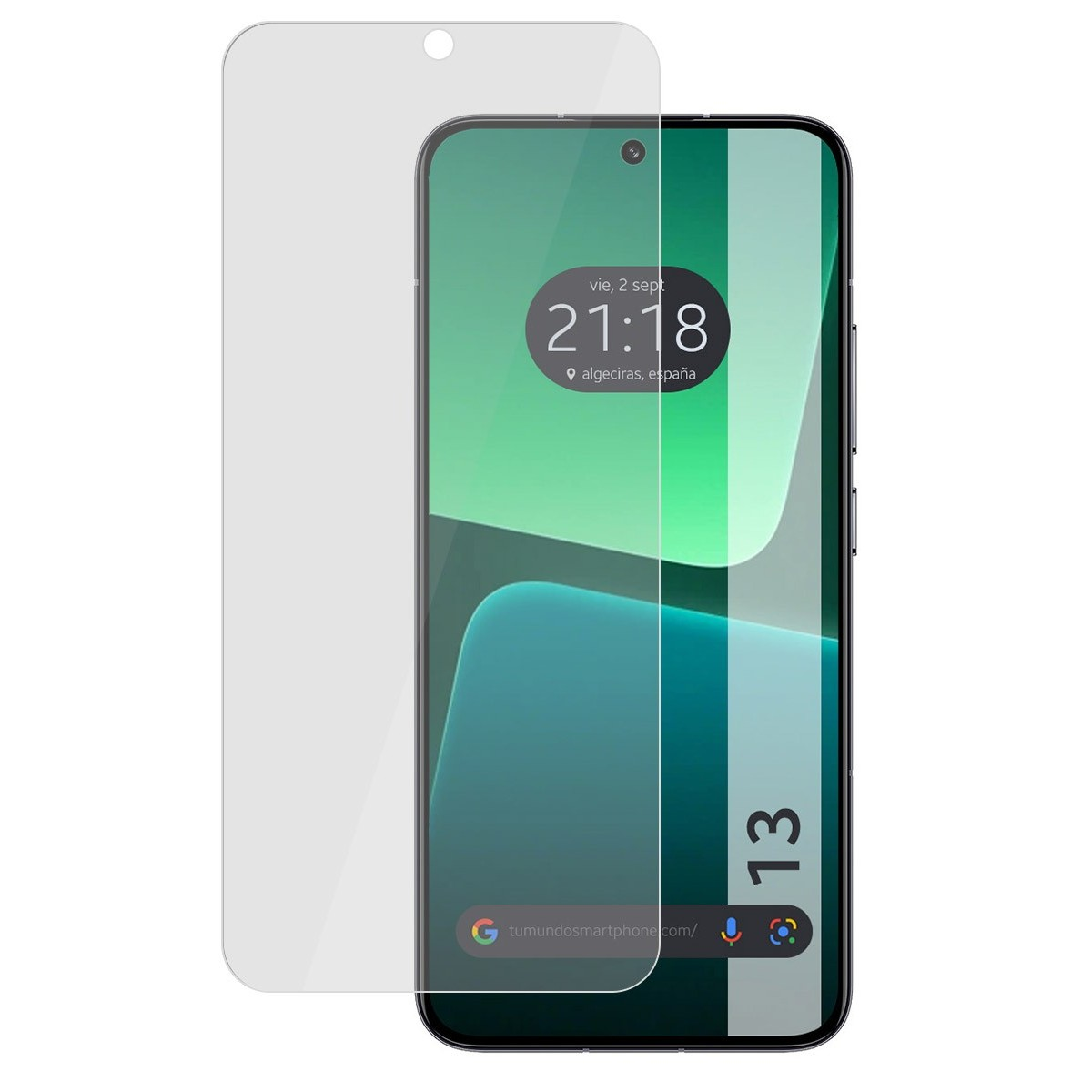 Un teléfono con protector de pantalla. El teléfono muestra un reloj. El fondo es blanco.