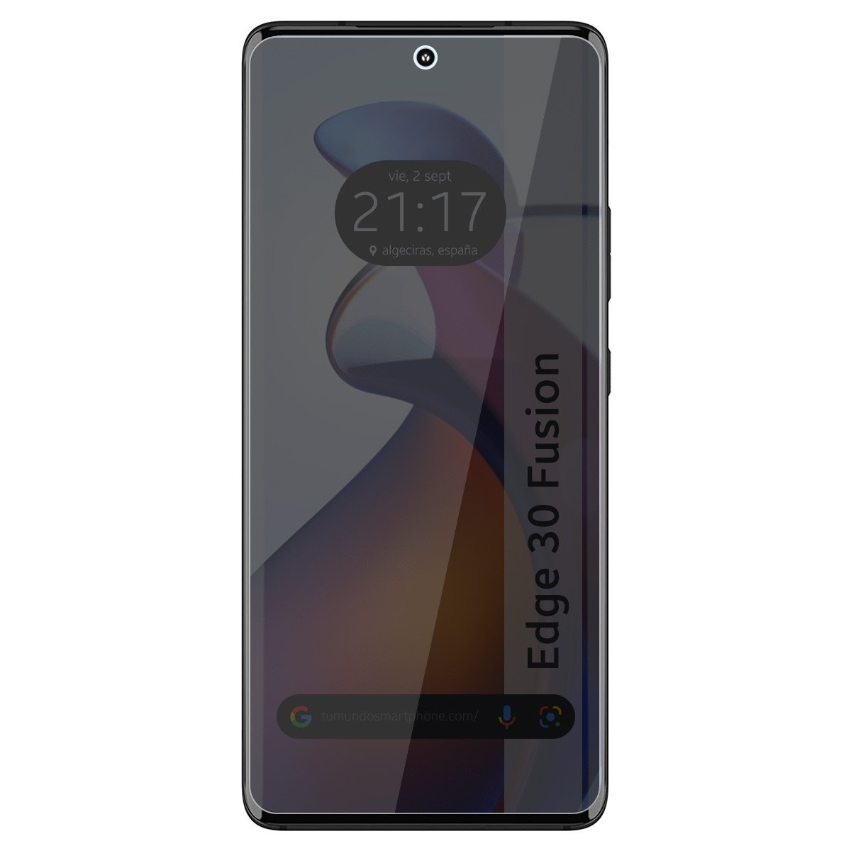 Smartphone que muestra hora y ubicación. Fondo púrpura, texto Edge 30 Fusion. Barra Google.
