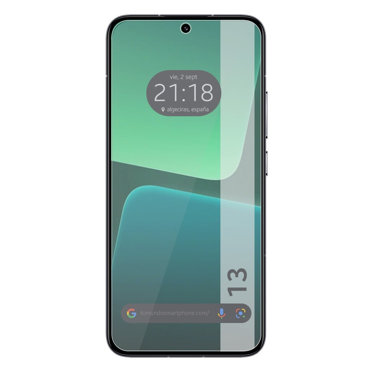 Pantalla de smartphone con diseño verde abstracto, hora, fecha y ubicación.