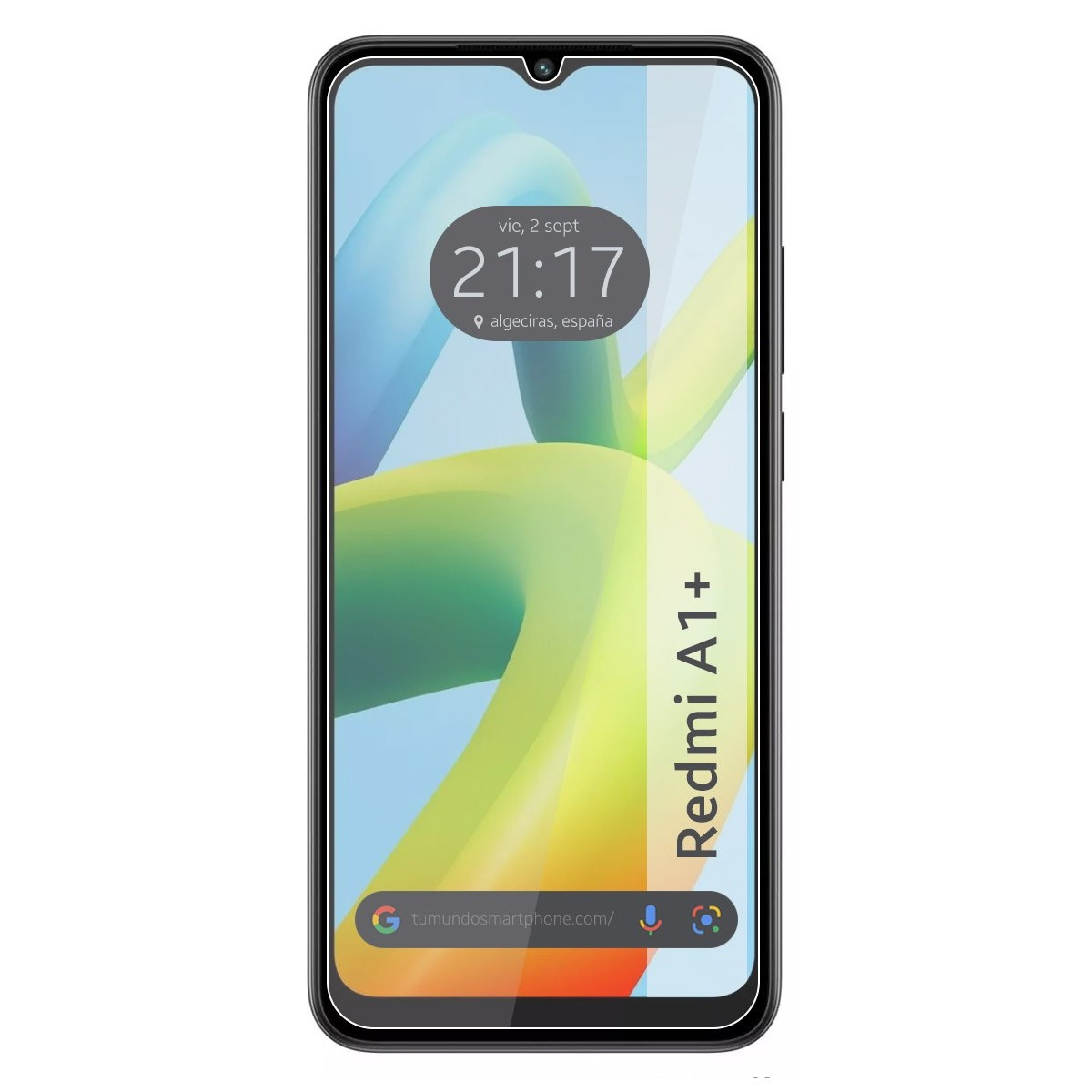 Teléfono con protector de pantalla, mostrando hora y ubicación. La pantalla tiene un fondo colorido.