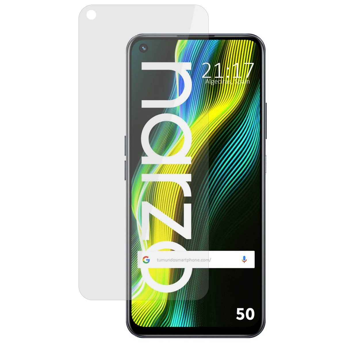 Teléfono negro mostrando la hora, con texto Narzo. Protector de pantalla a la izquierda.