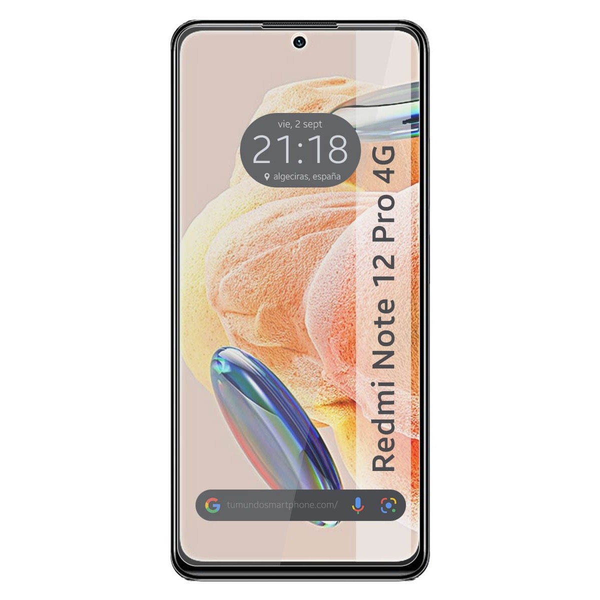 Smartphone Redmi Note 12 Pro 4G mostrando hora y ubicación. El teléfono tiene marco negro.