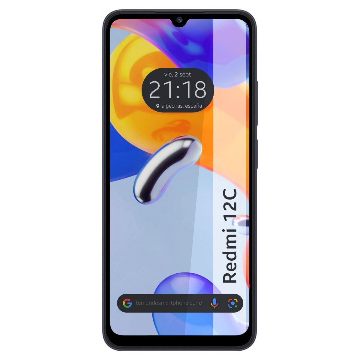 Teléfono con protector de pantalla, mostrando hora, fecha y un diseño abstracto colorido.