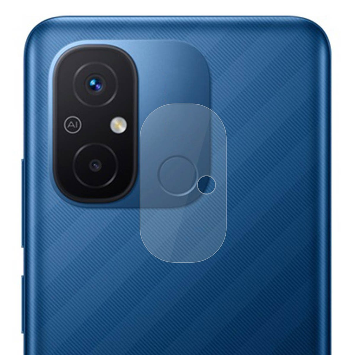 La parte trasera de un teléfono azul con un módulo de cámara. Tiene un protector de lente transparente.