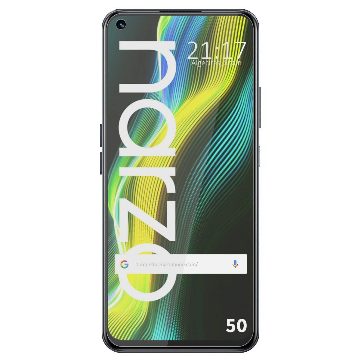 Pantalla de smartphone con la palabra narzo, hora 21:17 y el número 50. Barra de búsqueda de Google abajo.