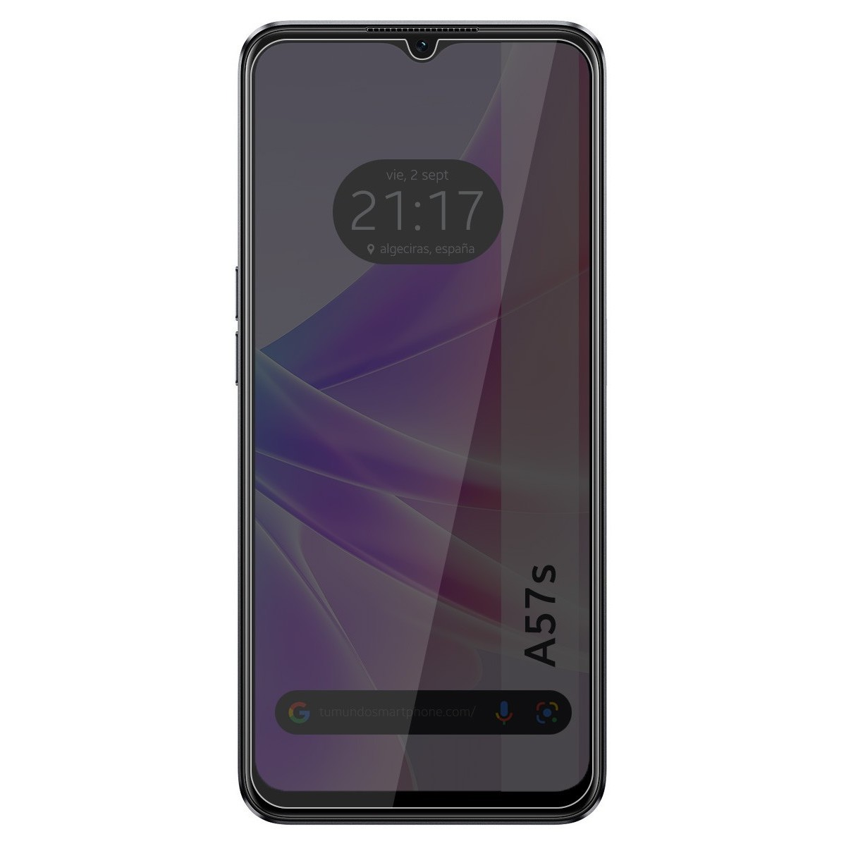 Smartphone con protector de pantalla. La pantalla muestra hora y ubicación.