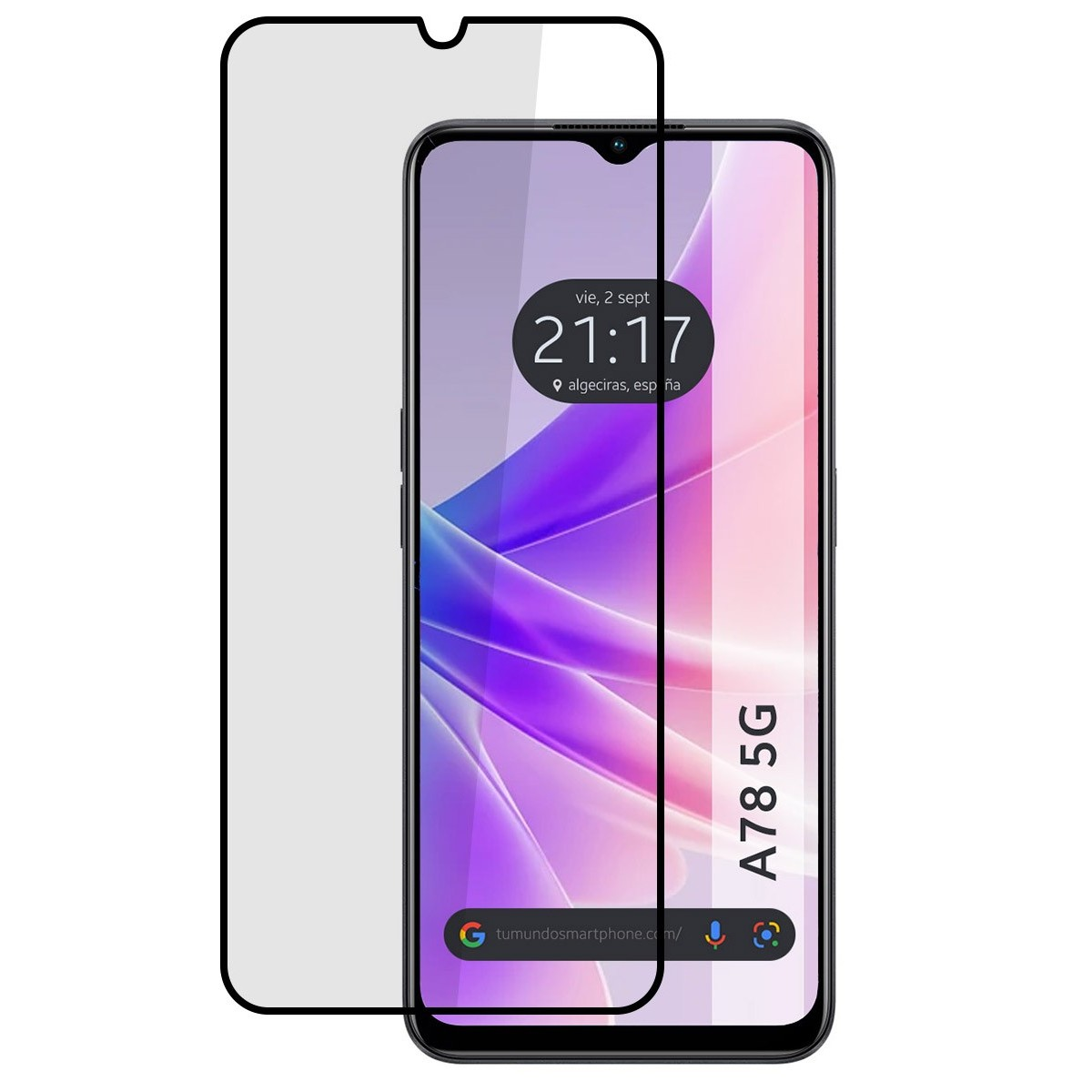 Smartphone con protector de pantalla. Muestra hora y ubicación.