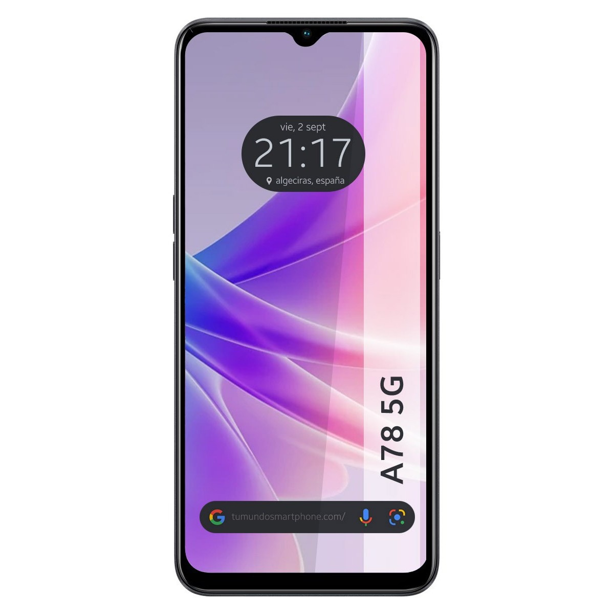 Smartphone negro con protector de pantalla transparente, mostrando hora y ubicación.