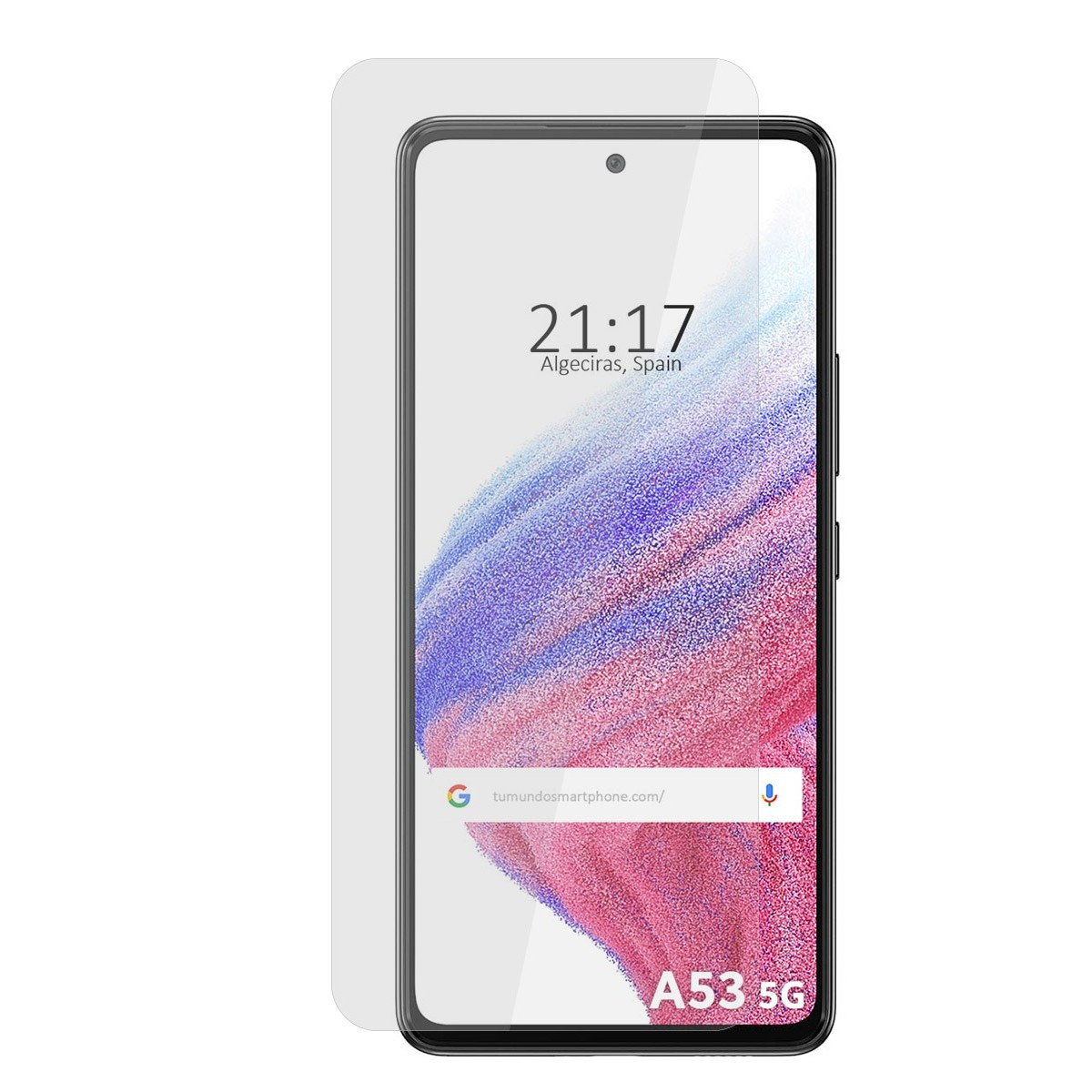 Schermo di smartphone con vetro protettivo. Lo schermo mostra un orologio e le parole A53 5G.