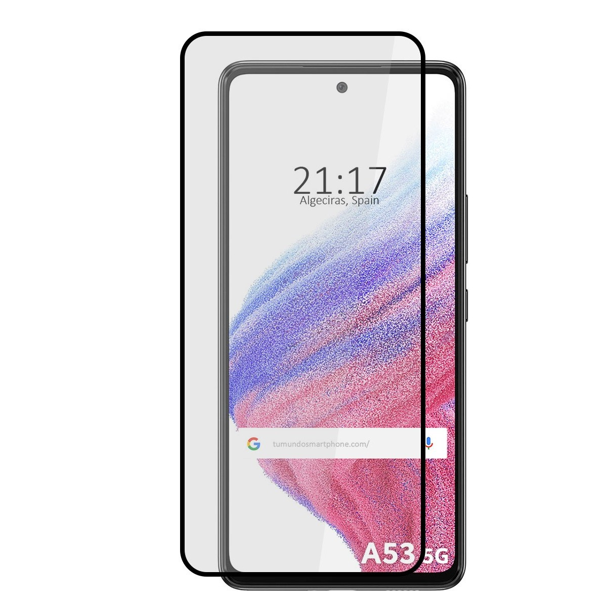 Telefono con protezione schermo, ora, data, posizione e testo 'A53 5G'.