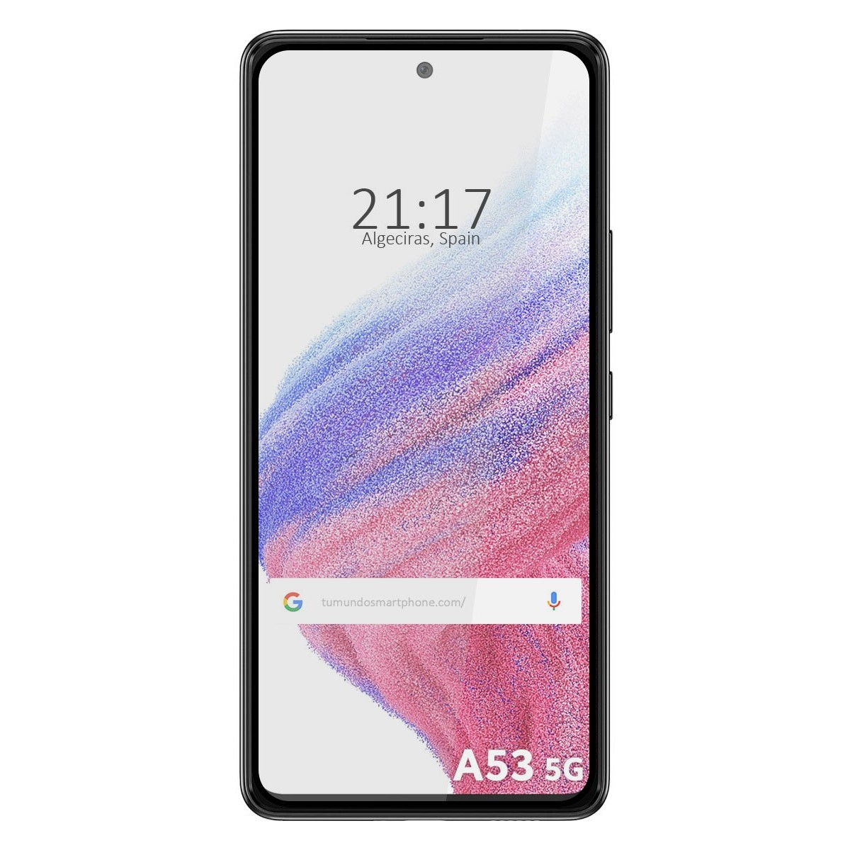 Smartphone che mostra '21:17', una mappa e il testo 'A53 5G'.