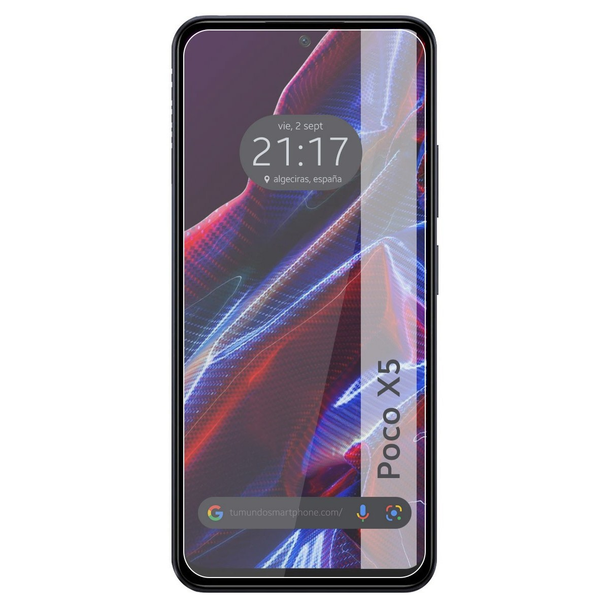 Pantalla de smartphone mostrando un diseño dinámico con colores rojo y azul. Muestra fecha y hora.