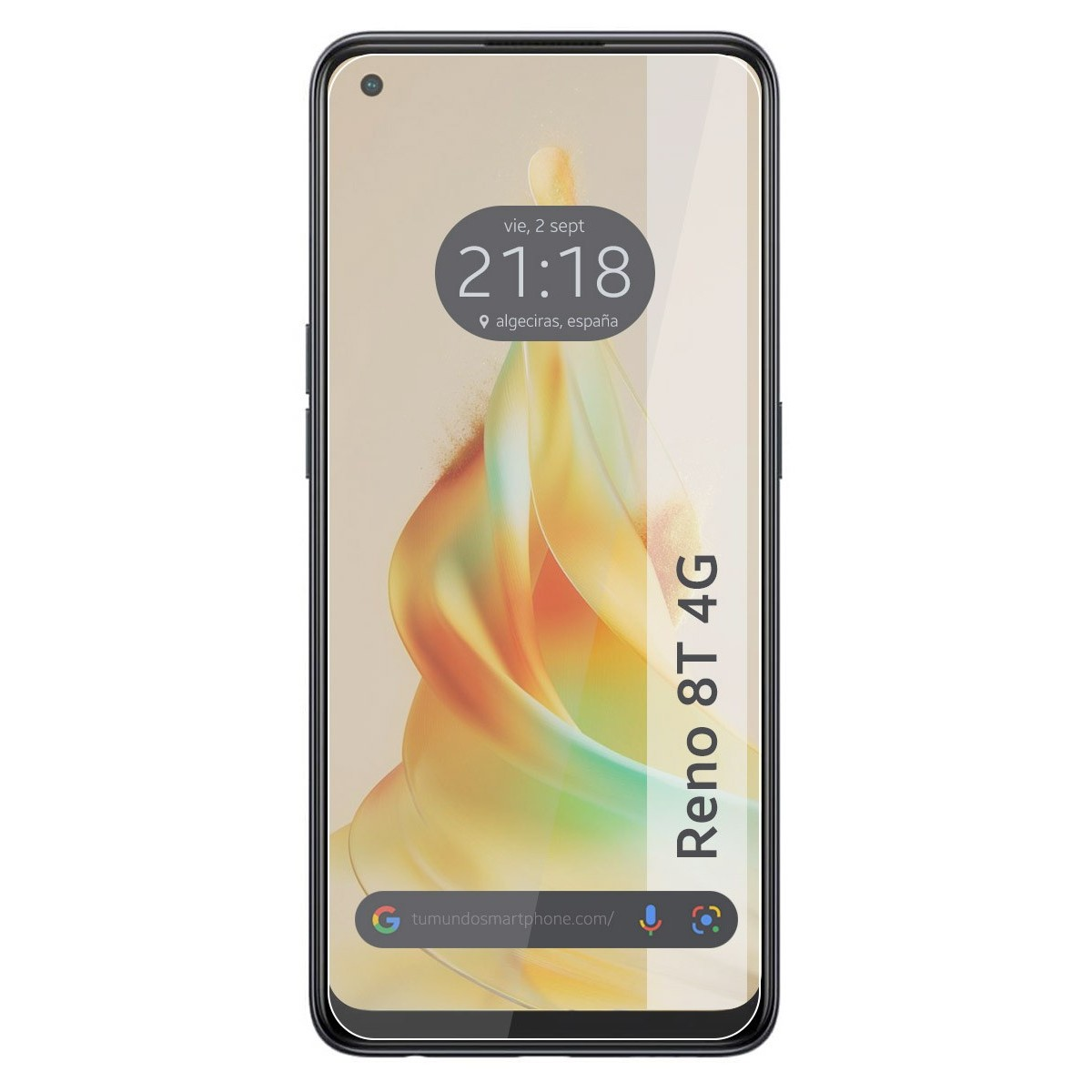 Teléfono con protector de pantalla. Texto: Reno 8T 4G. La pantalla muestra hora y fecha.
