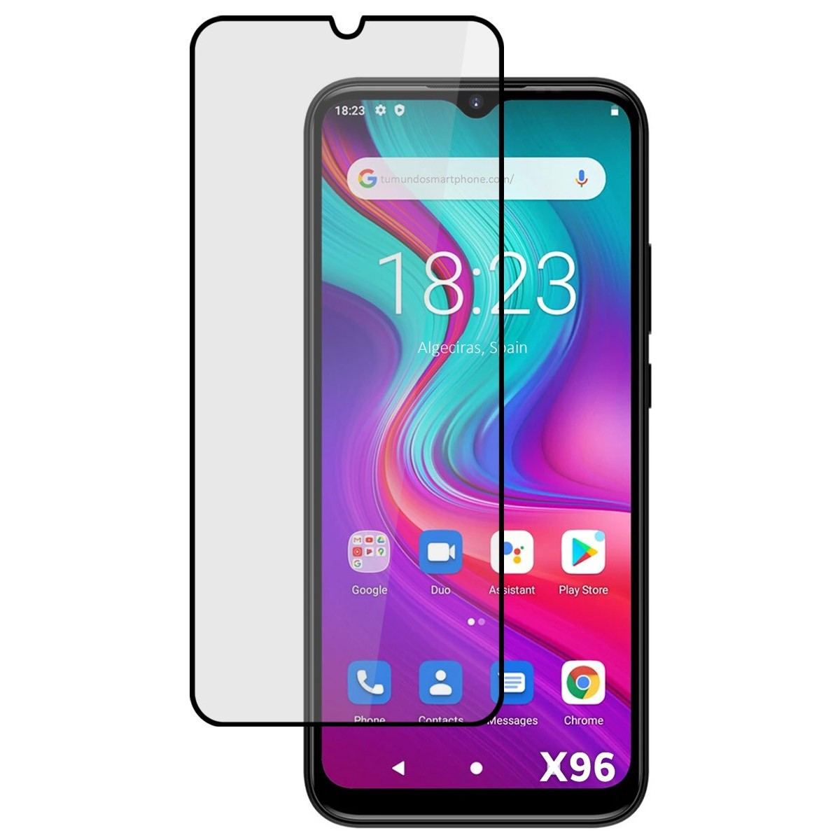 Teléfono X96 con protector de pantalla. La pantalla muestra la hora, los iconos y una barra de búsqueda de Google.