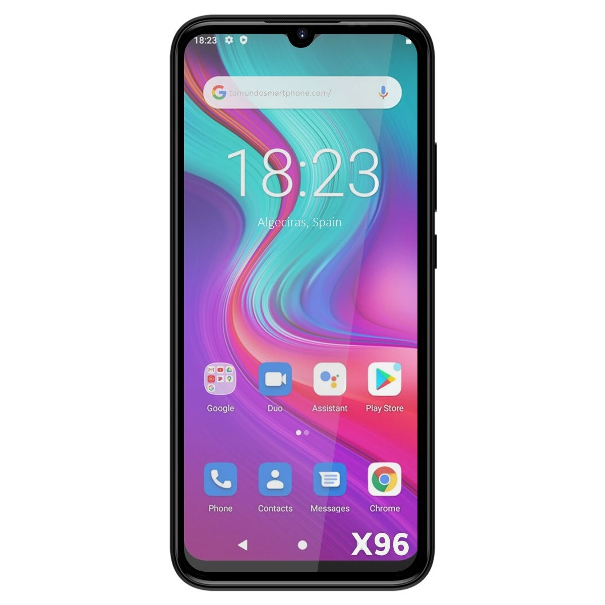 Un smartphone con un marco negro que muestra iconos de aplicaciones en su pantalla. La hora es visible.