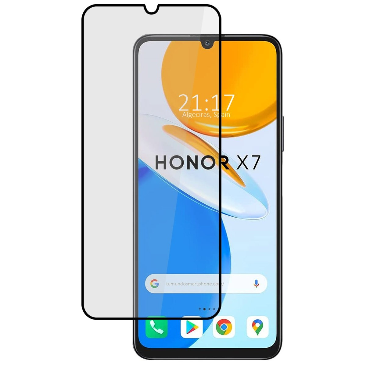 Smartphone con protector de pantalla y pantalla que muestra un reloj e iconos de aplicaciones.