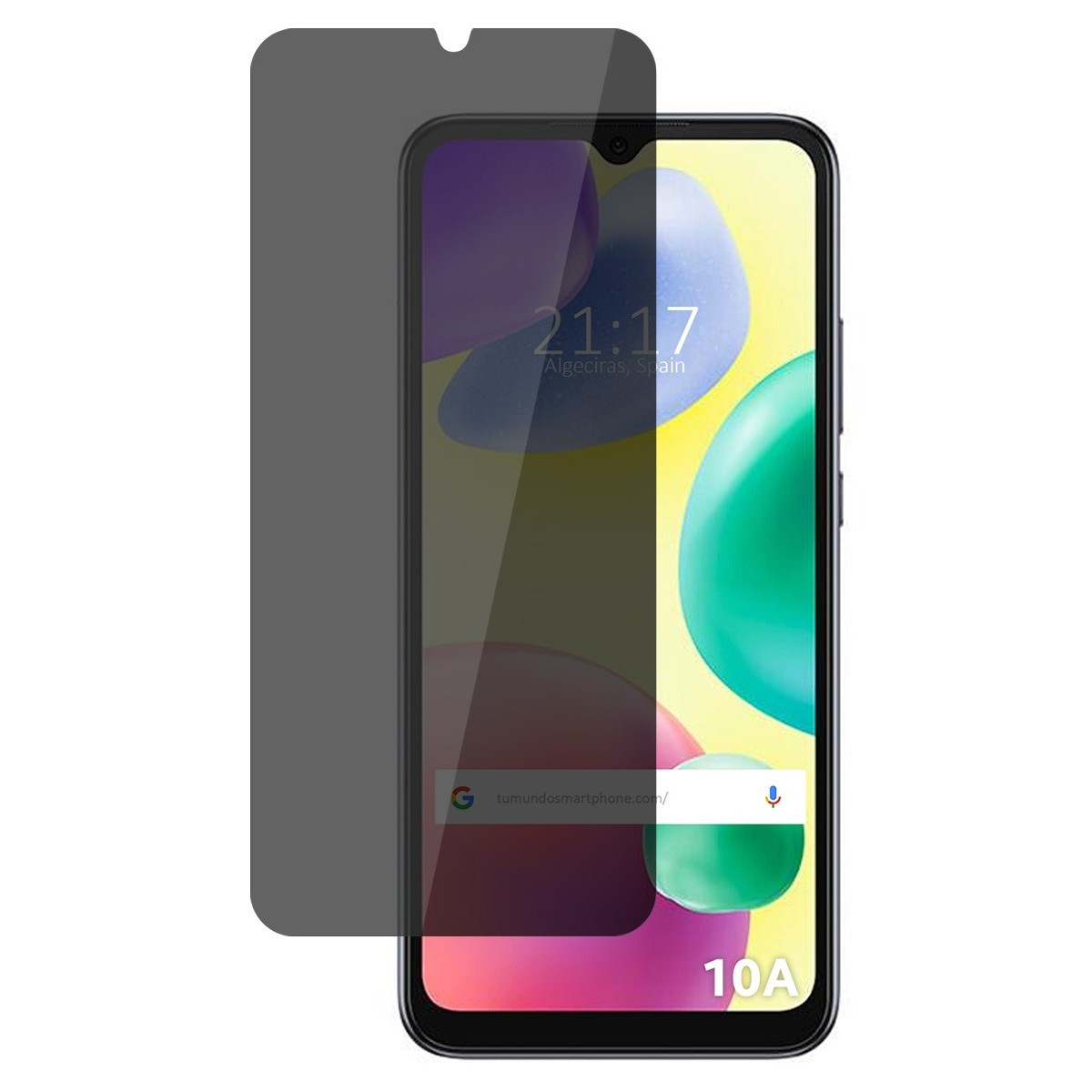 Schermo del telefono con protezione, ora e data visibili. Etichetta 10A.