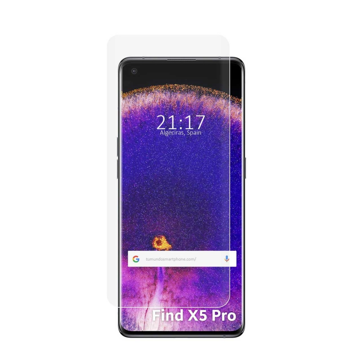 Un teléfono con protector de pantalla mostrando hora y barra de búsqueda.