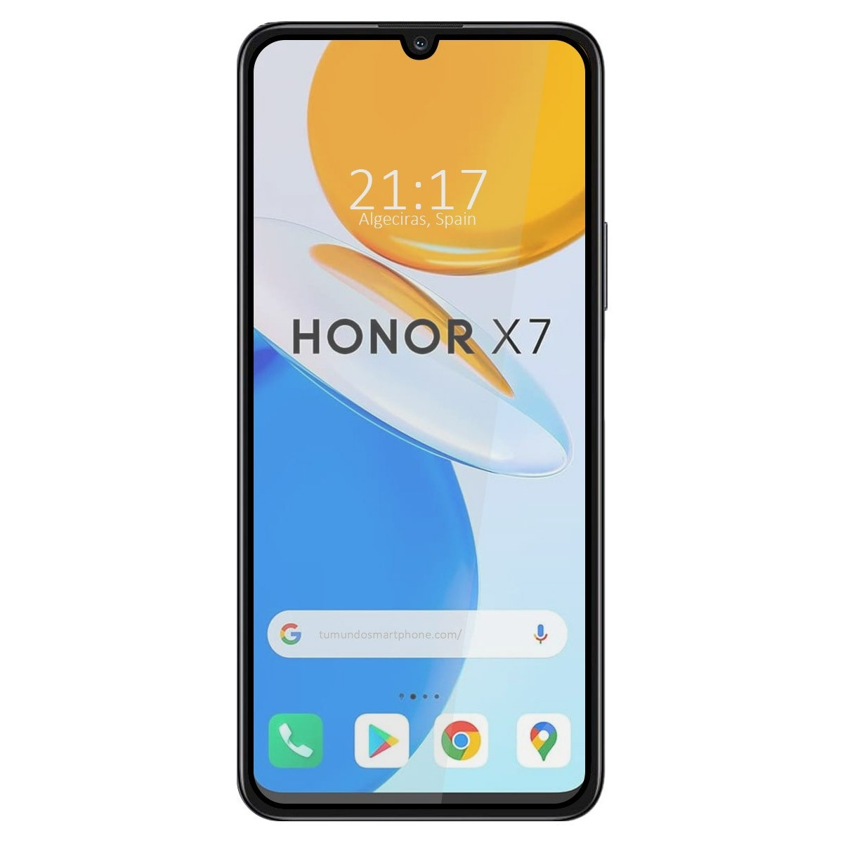 Un teléfono con HONOR X7 en la pantalla. La pantalla muestra la hora y un diseño abstracto con amarillo y azul.