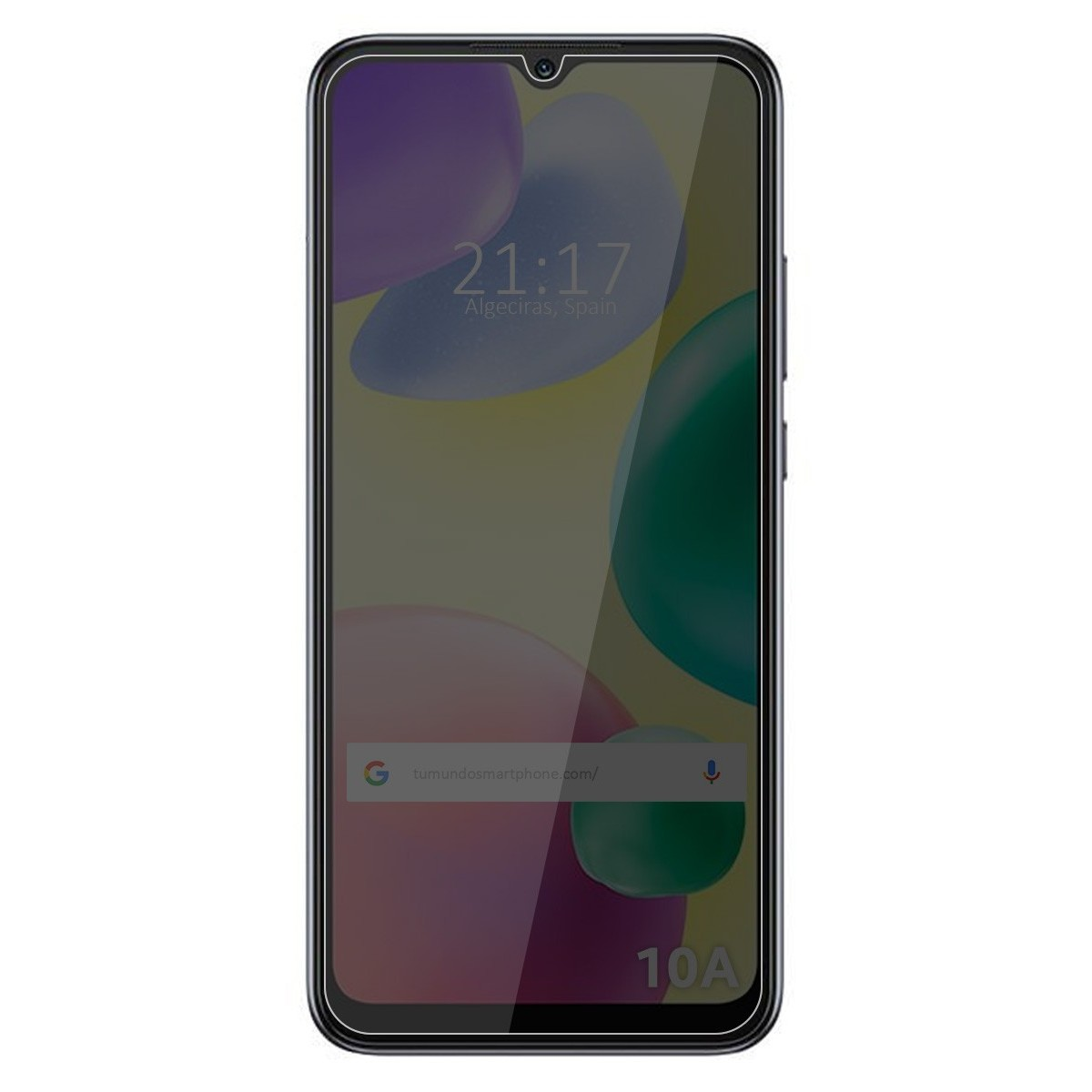 Uno smartphone con protezione schermo. Lo schermo mostra un orologio e il testo 10A.