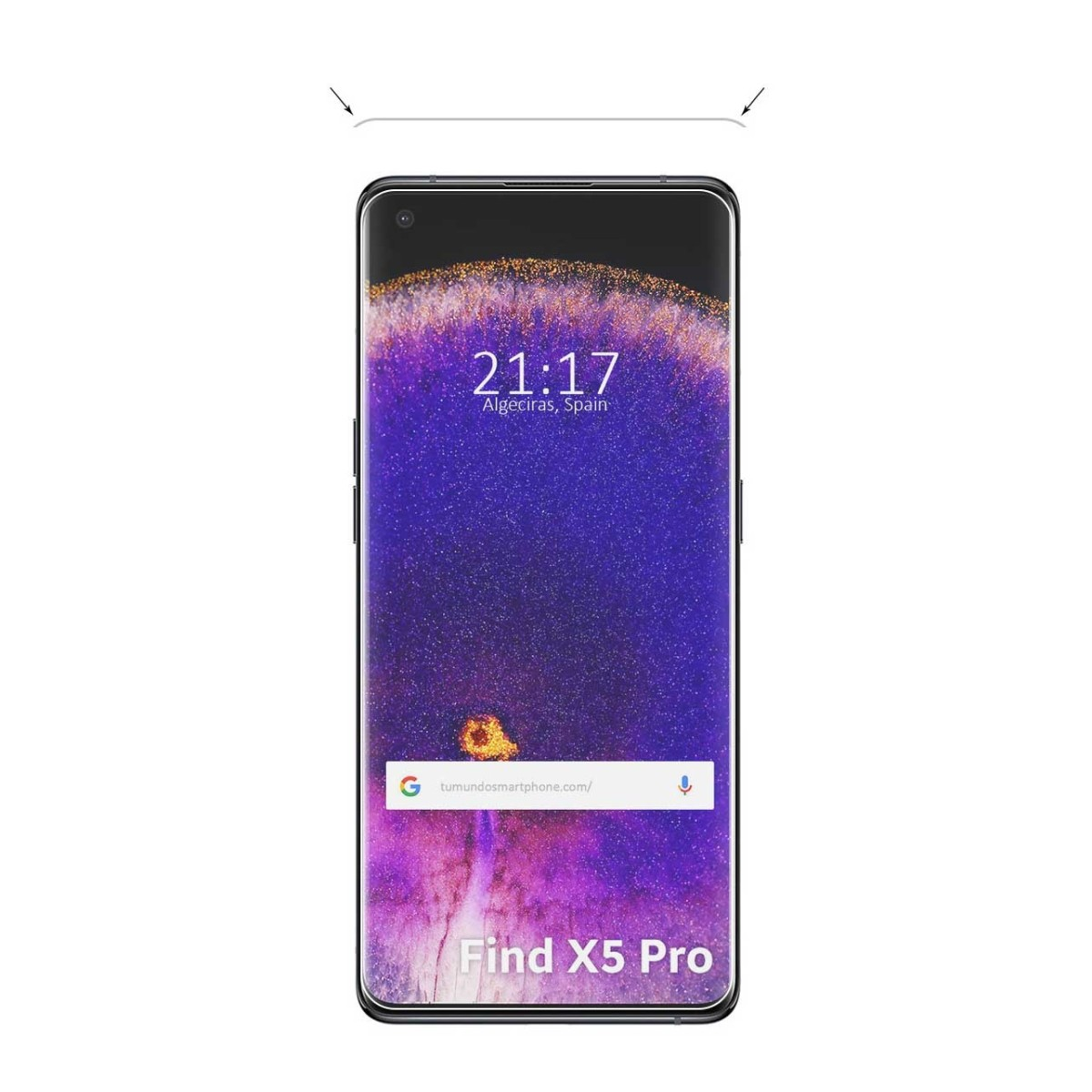 Pantalla de smartphone con protector, mostrando hora y barra de búsqueda.