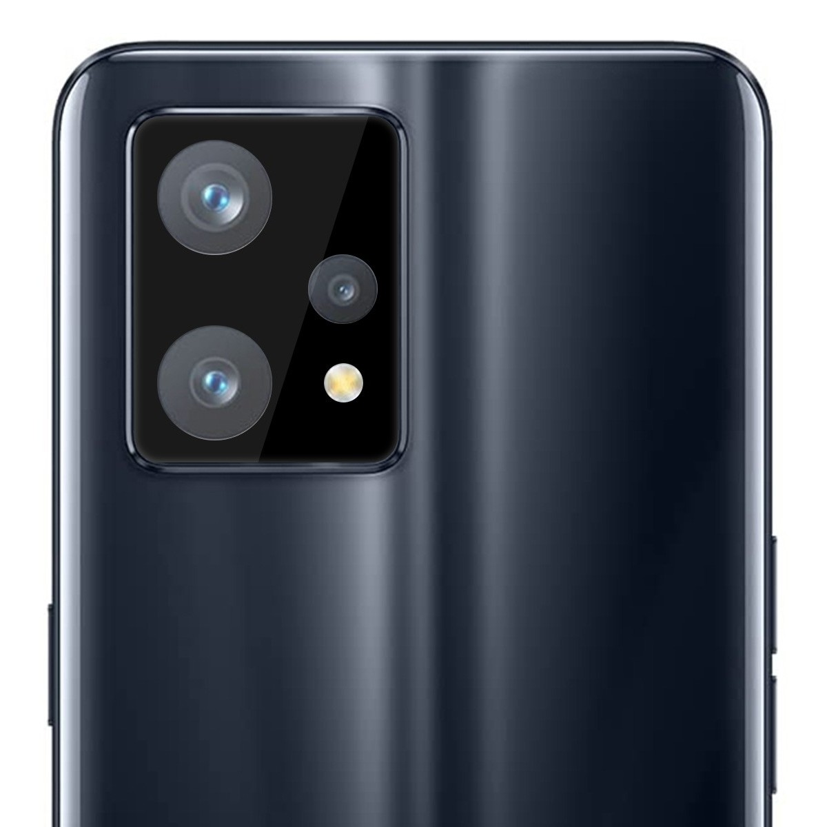 Parte trasera de un teléfono azul oscuro con configuración de triple cámara y flash.